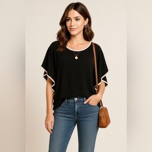 Black Poncho Top‎ Made in USA Contrast Trim Flutter Sleeve Oversized - L